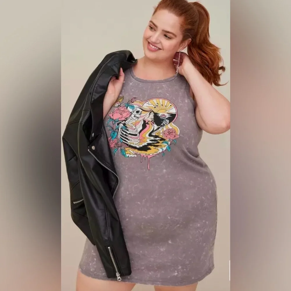 Torrid LoveSick Slashed Back Dress - Cotton Summer Skull Grey Wash - Picture 2 of 12